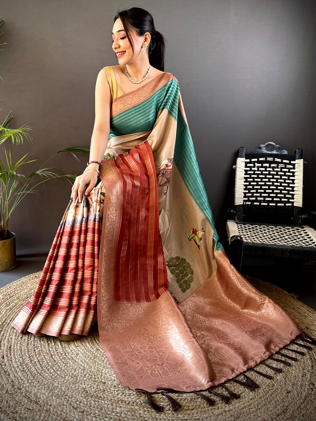 Teal Soft Crep Silk Ombre Print Saree