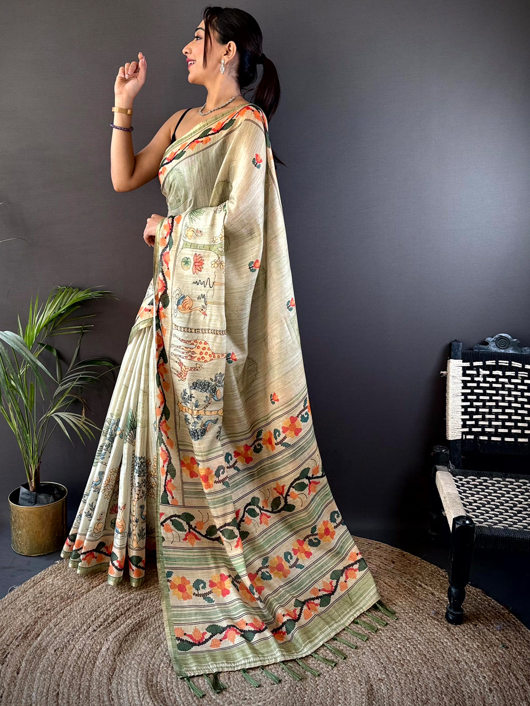 Swamp Green Jungle Floral Zari Tissue Saree