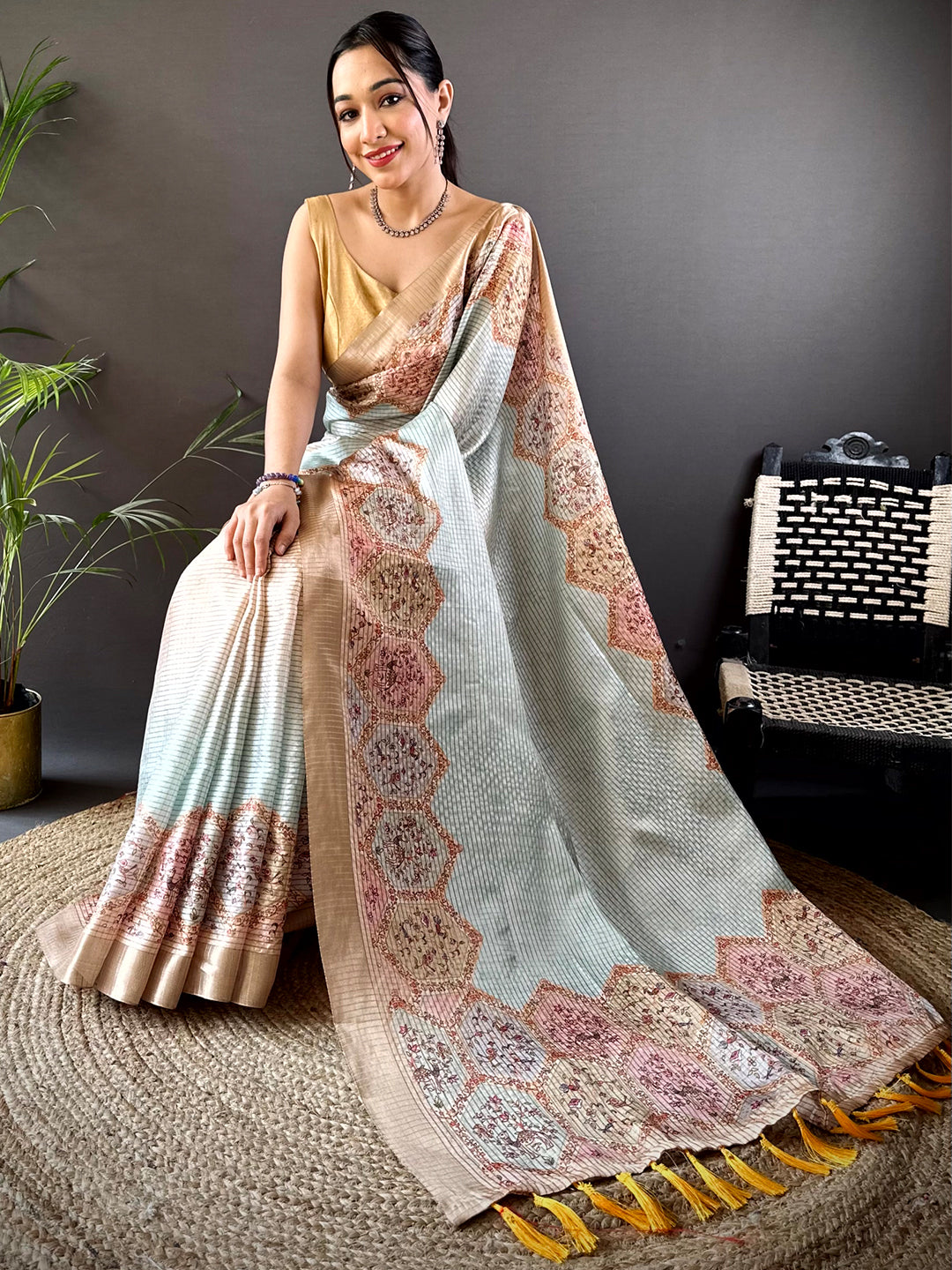 Beige Soft Silk Floral Digital Saree