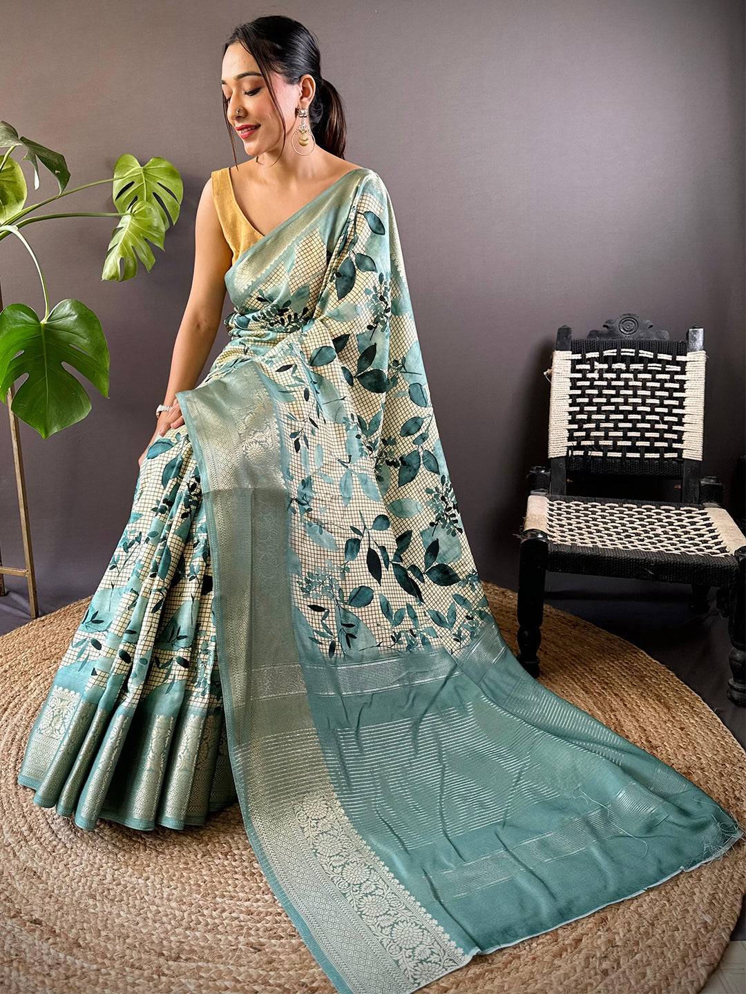 Leaf And Check Turquoise Viscose Saree