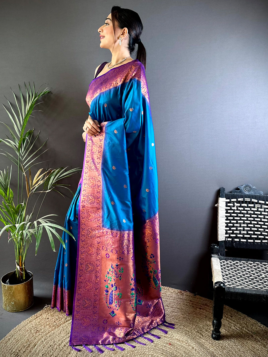 Blue Peacock Feather Paithani Soft Silk Saree