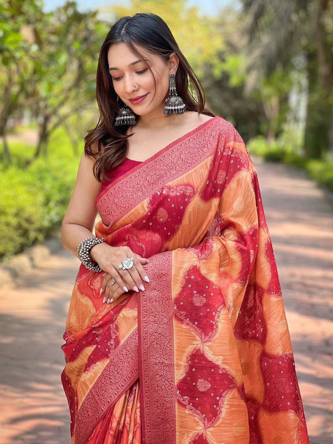 Orange Digital Block Placement Print Saree