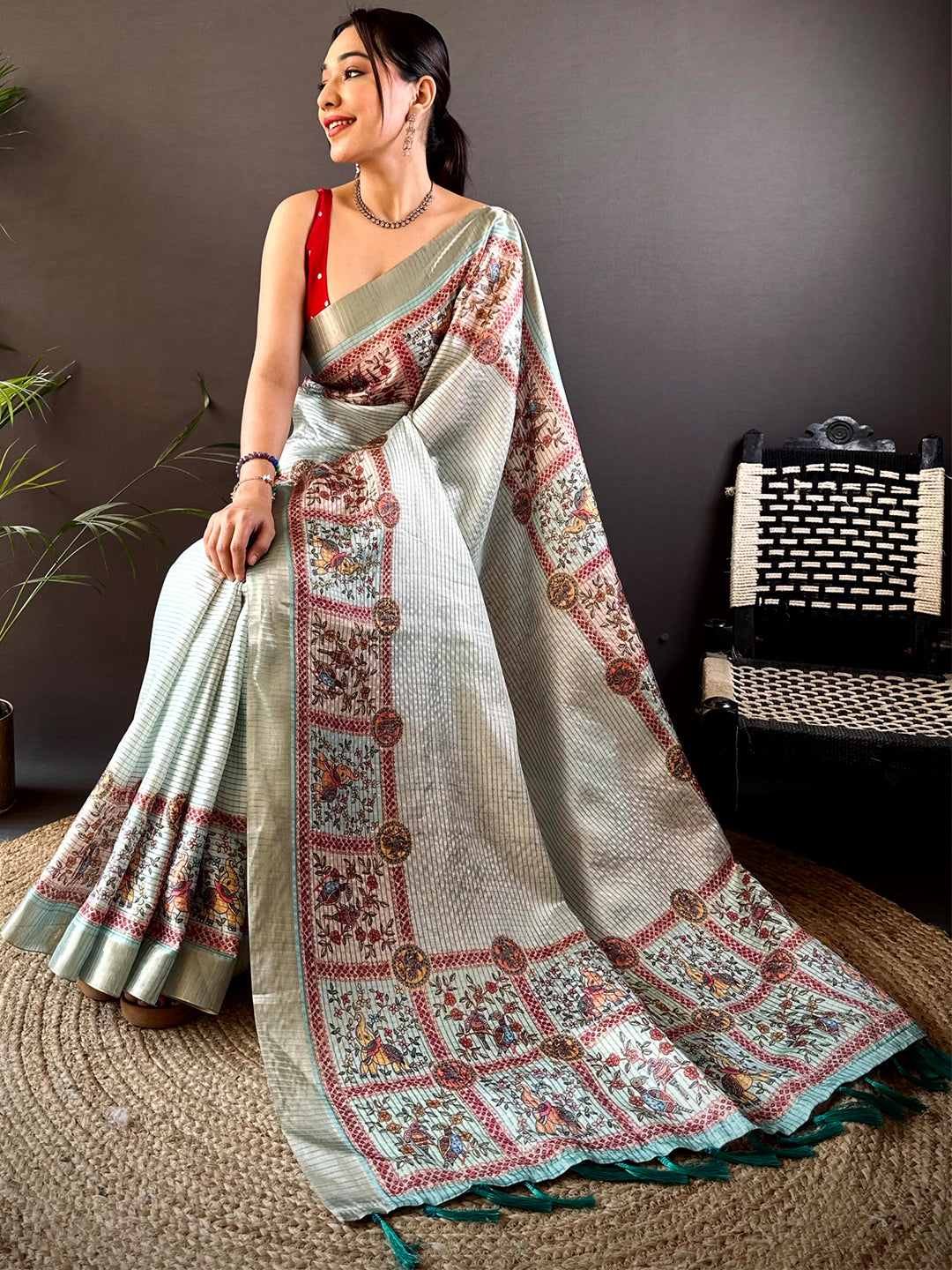 Graceful Mint Green Soft Silk Chex Saree