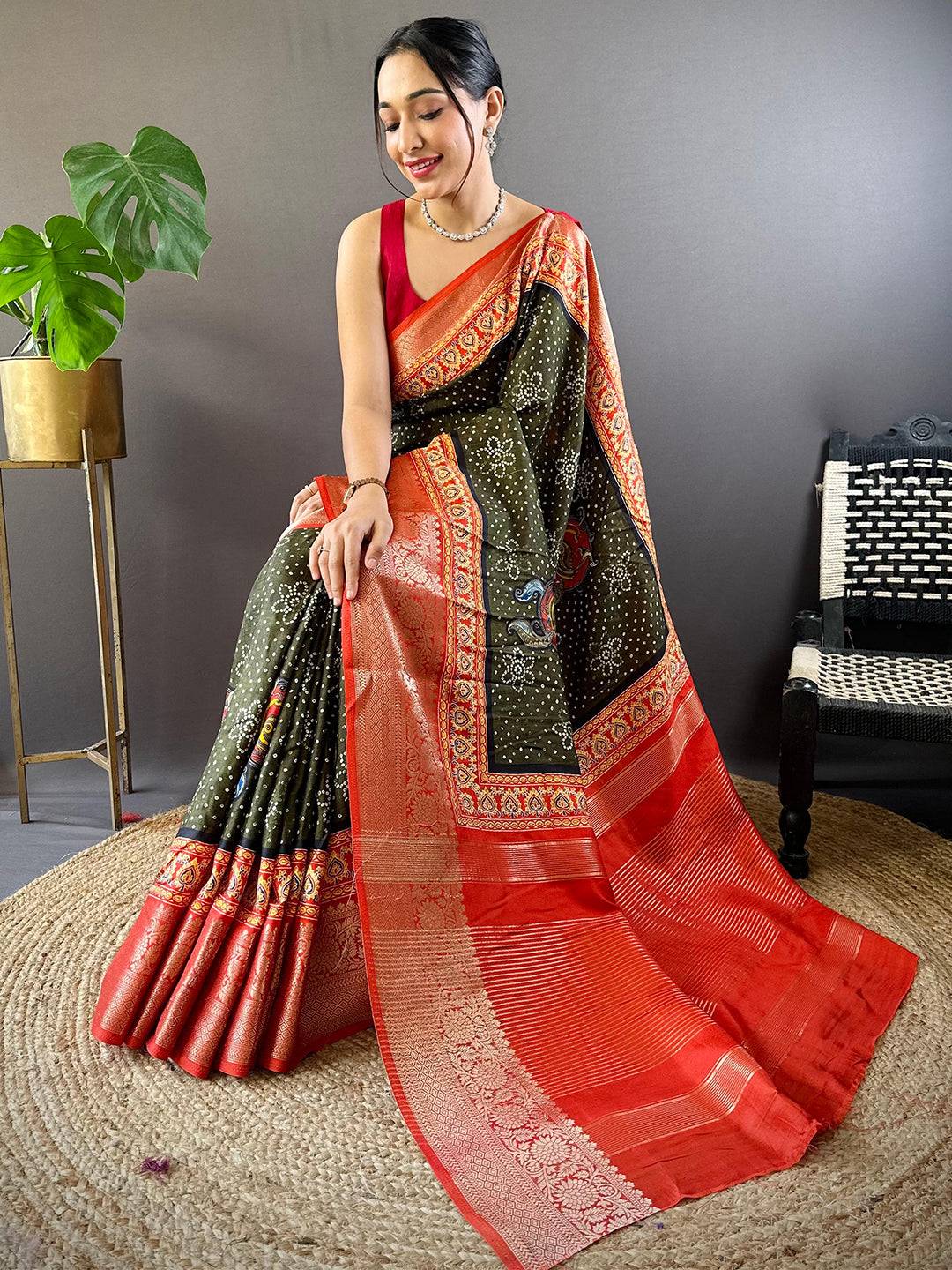 Olive Bloom Dola Silk Bandhej Saree