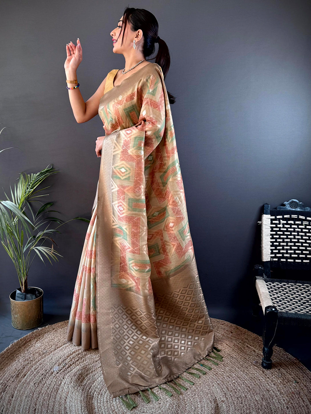 Graceful Beige Banarasi Silk Katan Geometric Saree with traditional motifs and a rich silk texture, perfect for weddings and special occasions.