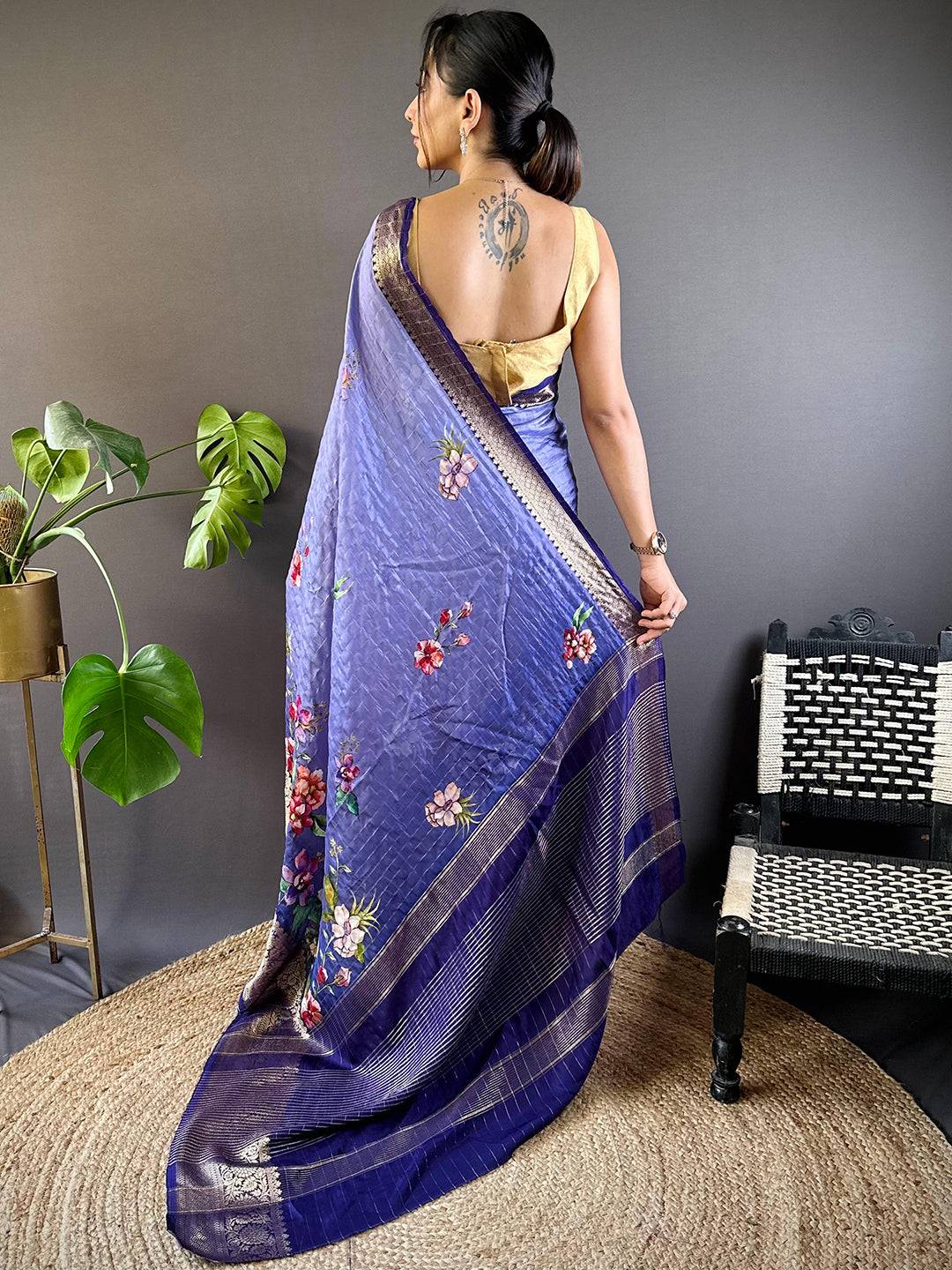 Iris Floral Zari Chex Saree