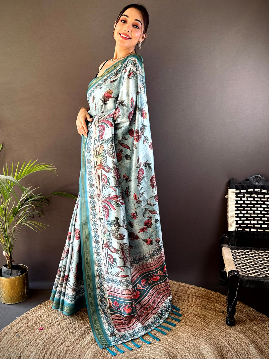 Sky Blue Soft Silk Kalamkari Print Saree