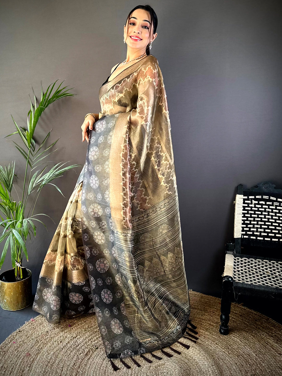 Light Chikku Tissue Striped Digital Printed Saree