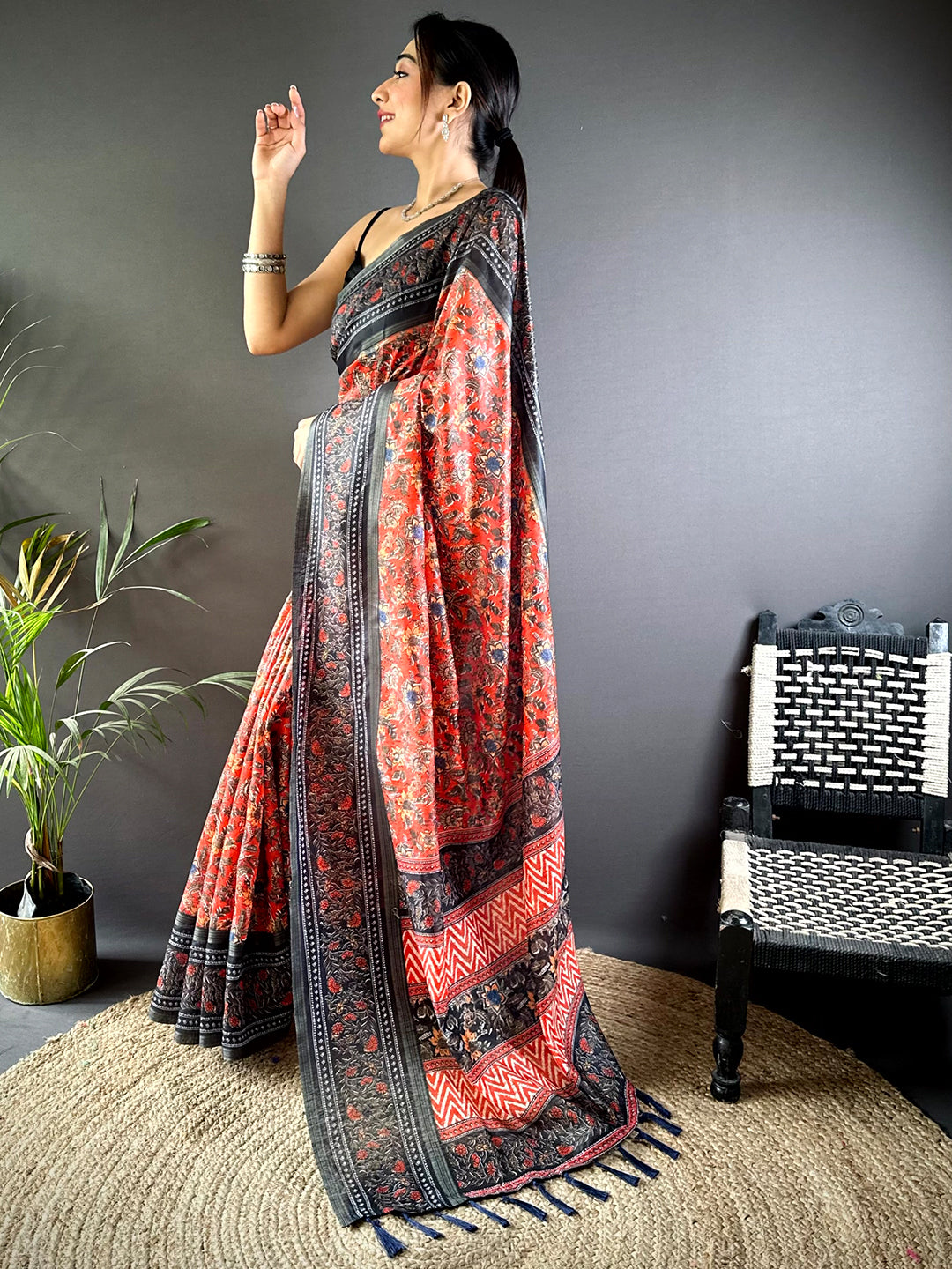 Red Chanderi Phulkari Floral Digital Print Saree