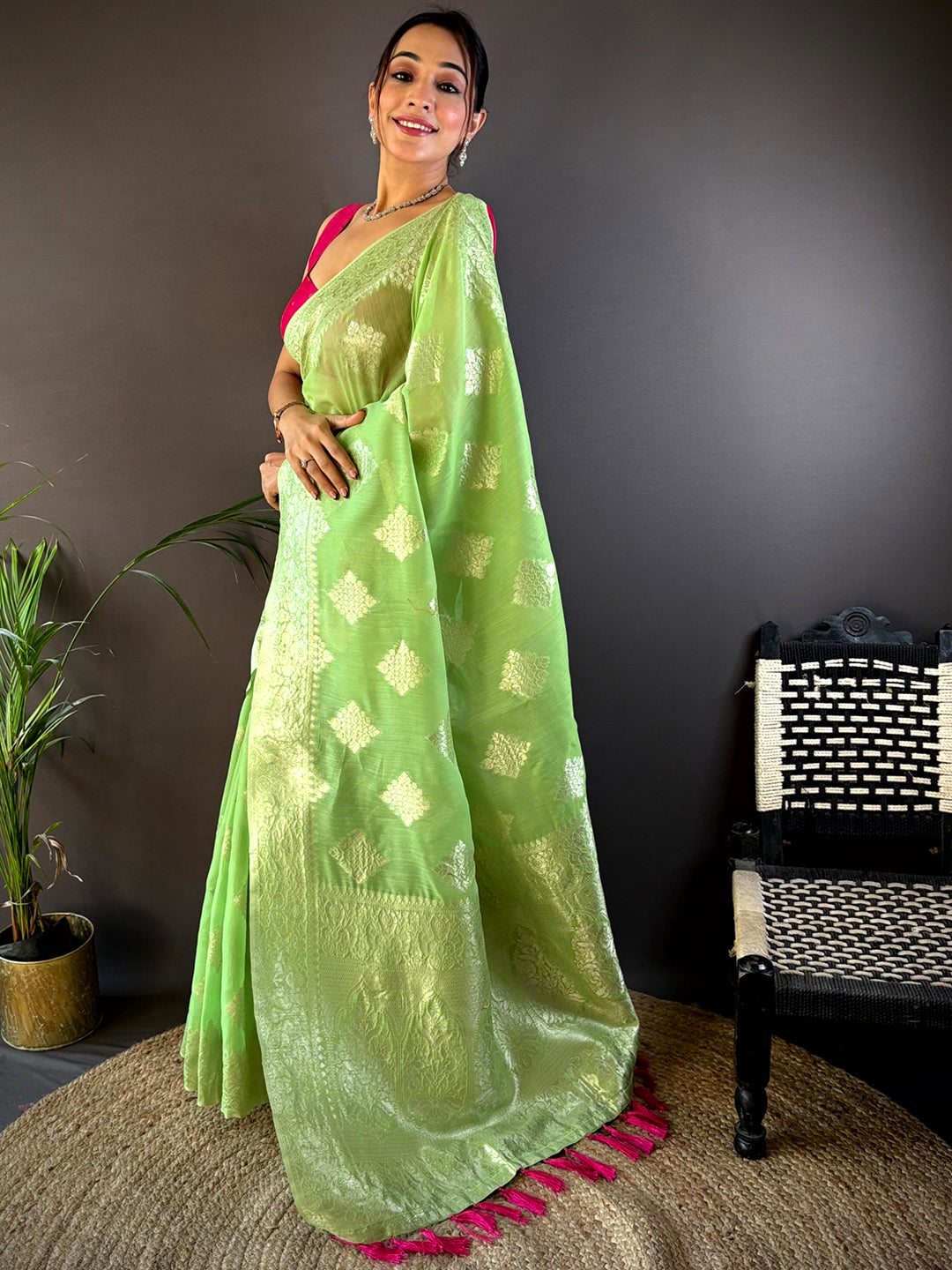 Graceful Cotton With Gold Zari Butta Saree