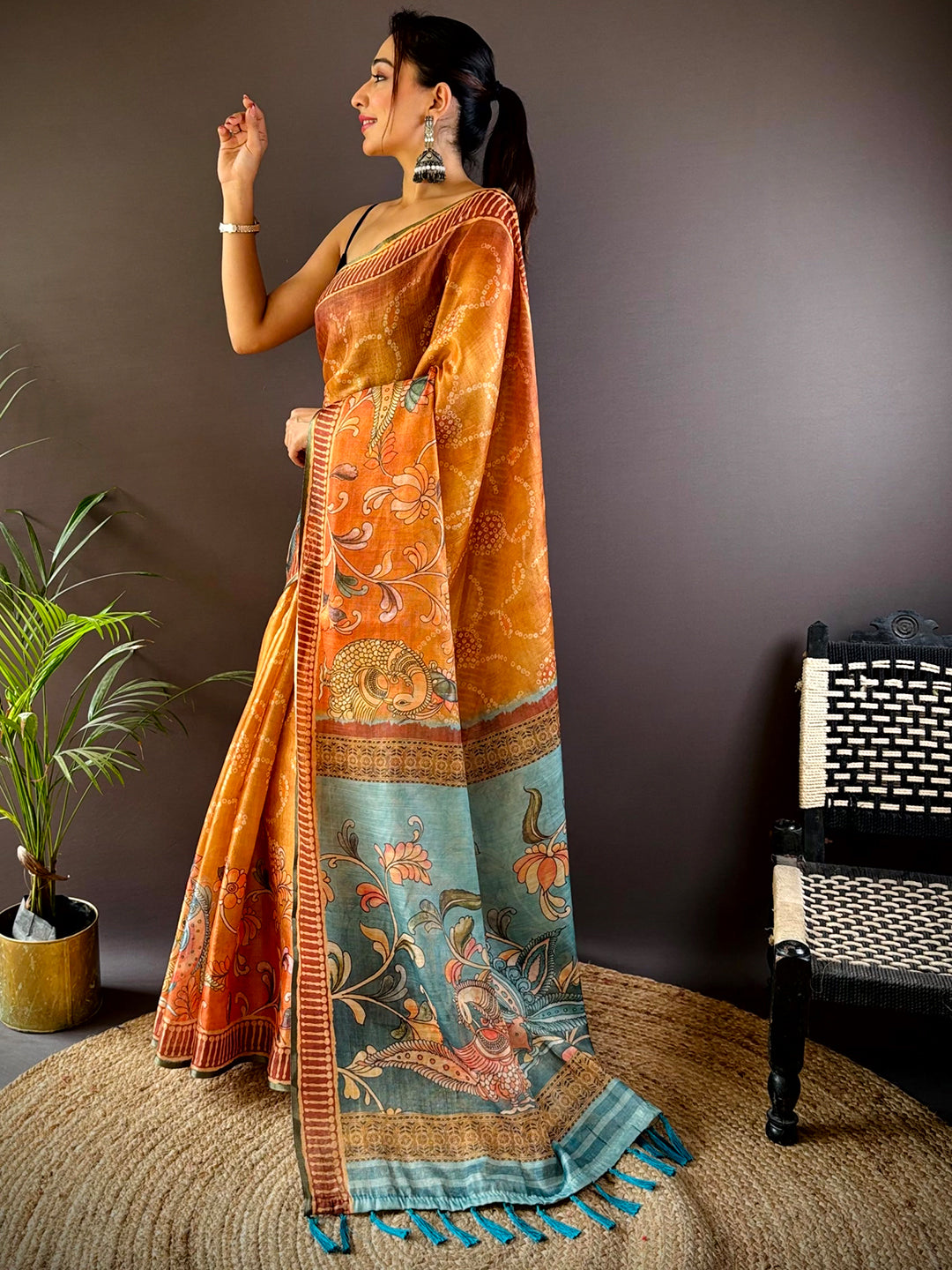 Orange Floral Chanderi Saree