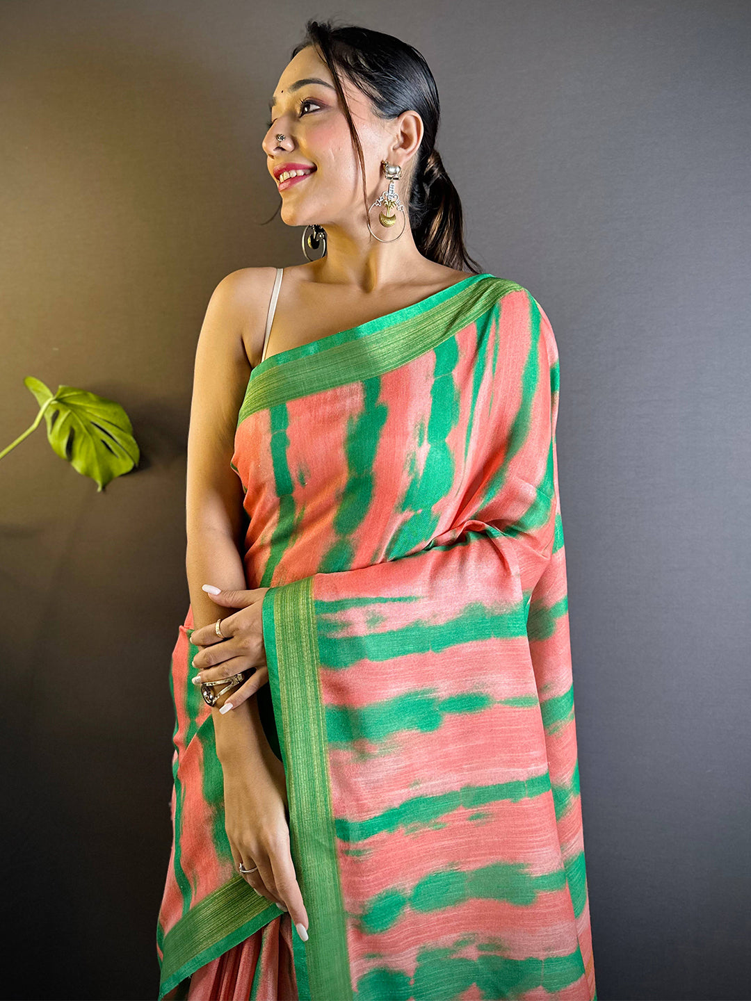 Coral Shibori Print Linen Saree