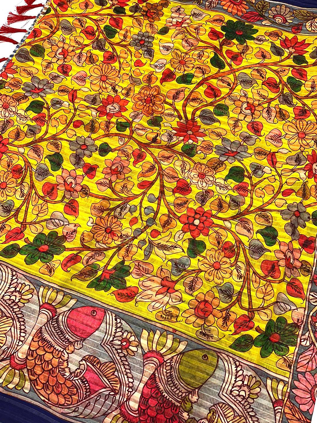 Sunshine Yellow Pen Kalamkari Linen Saree