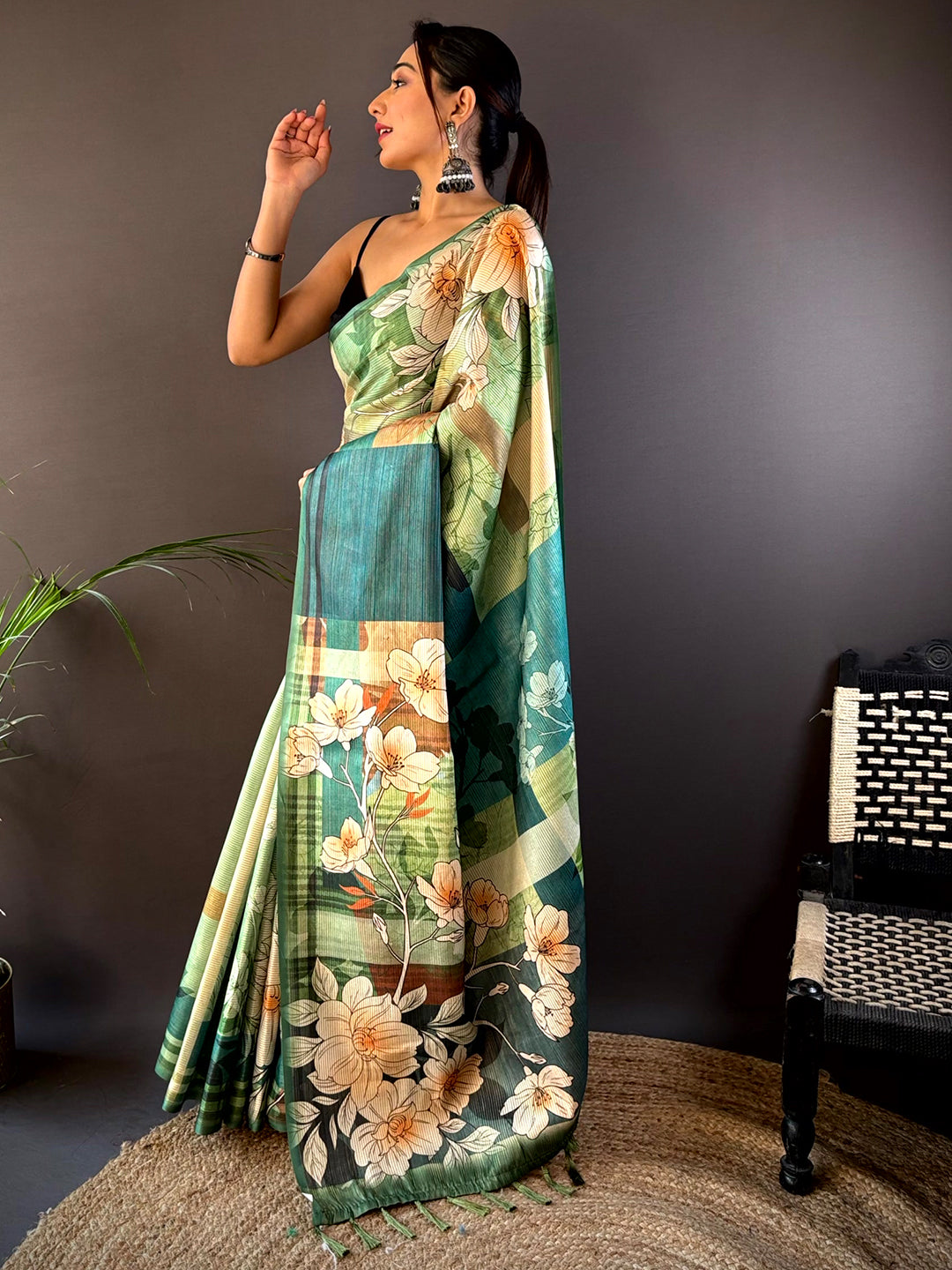 Pista Semi-Gold Zari Abstract Tussar Saree