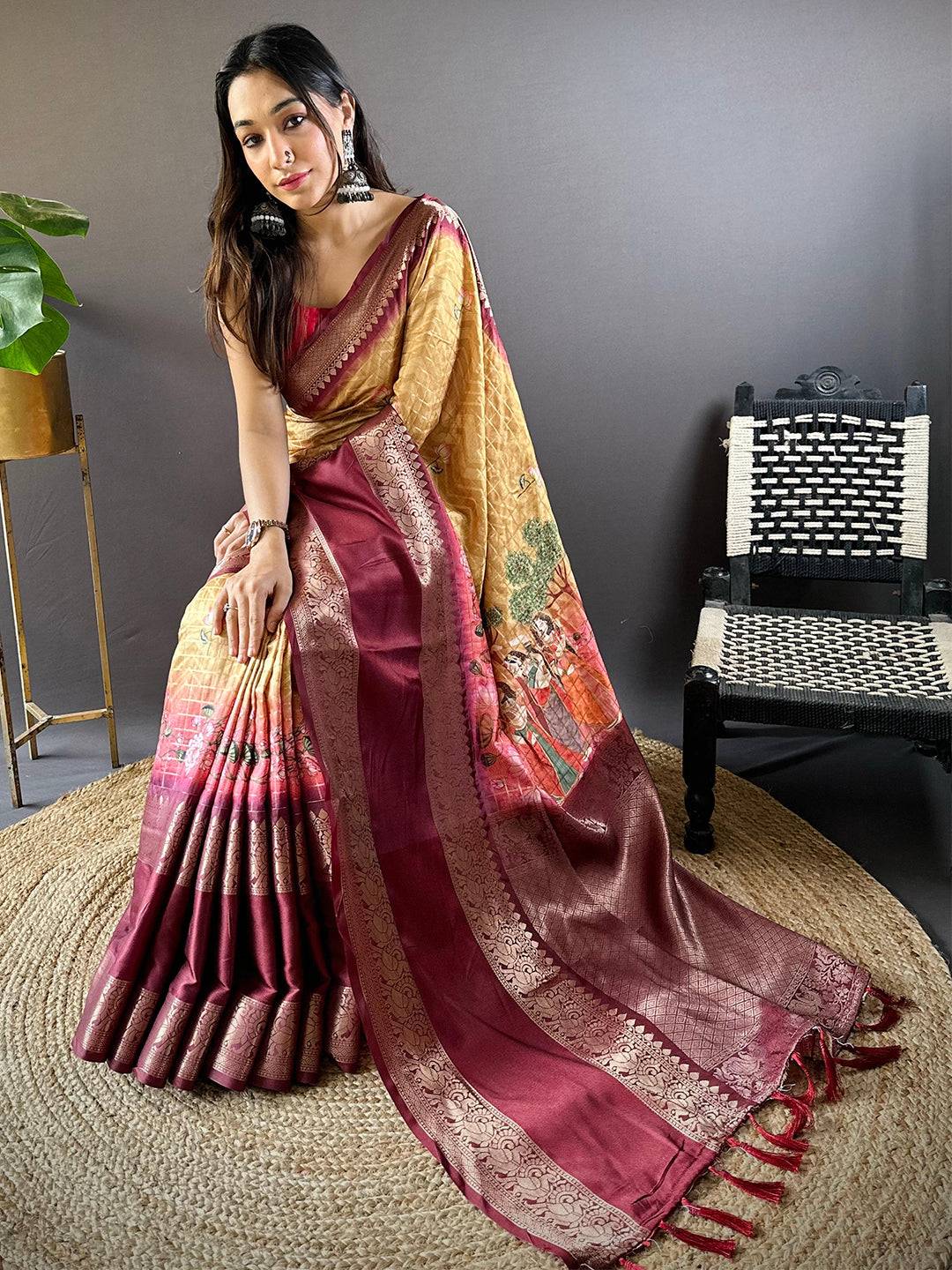 Mustard Banarasi Pichwai Print Saree