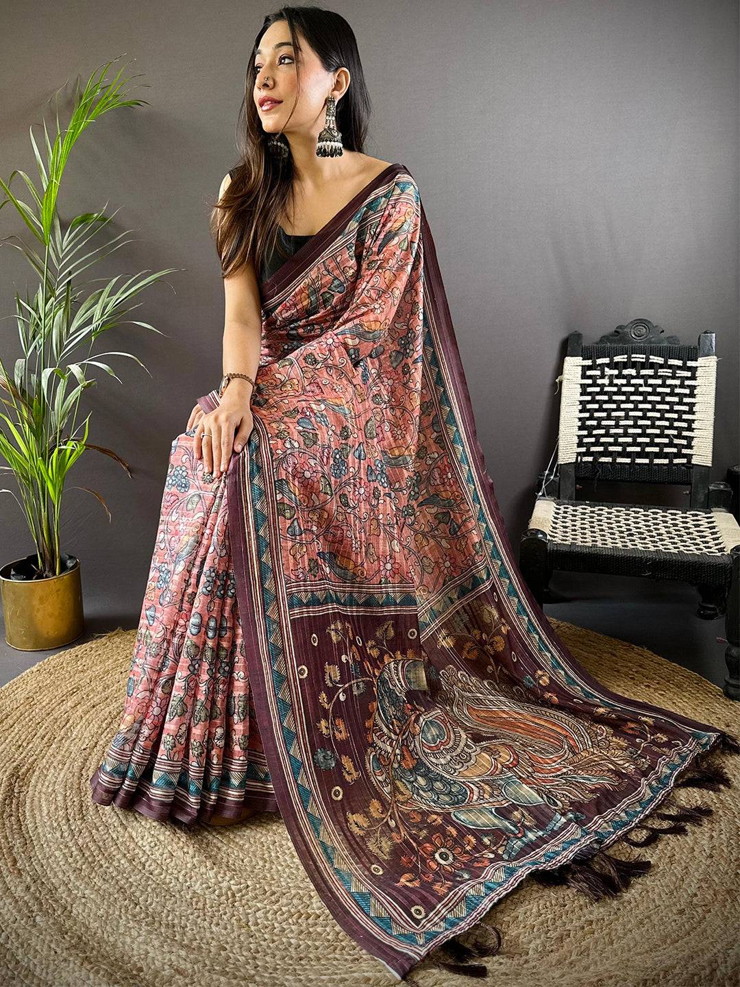 Rust Kalamkari Stripes Chanderi Saree