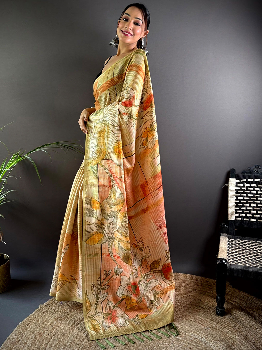 Olive Tussar Silk Lush Botanical Prints Saree