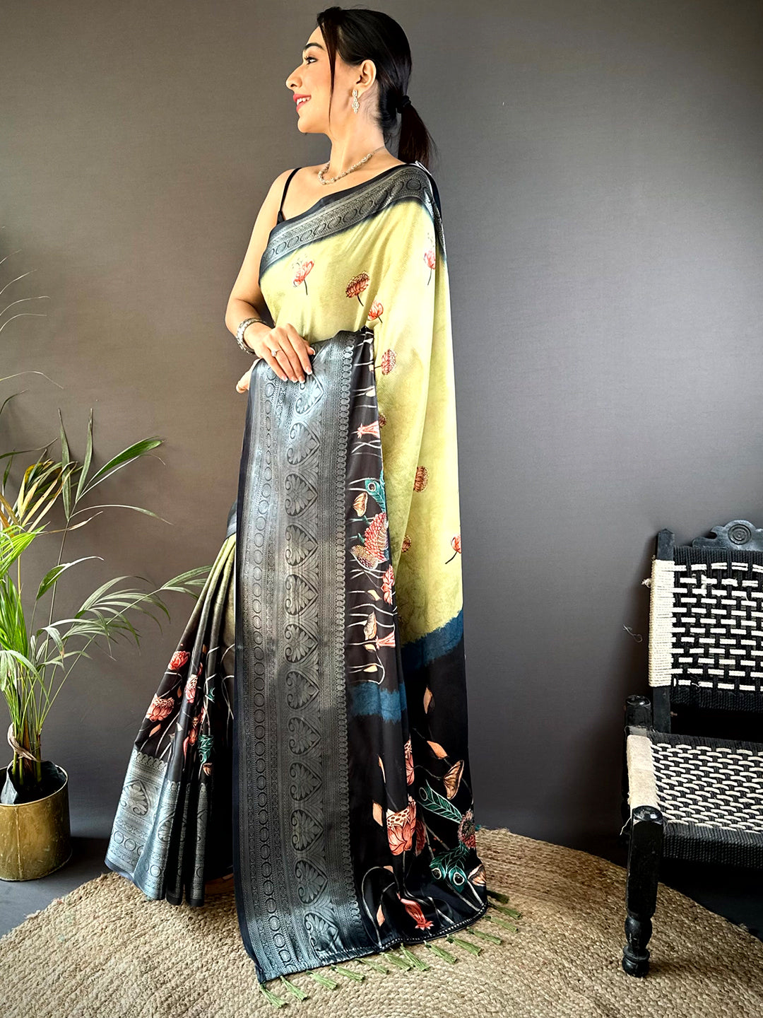 Pista Soft Silk Floral Ombre Print Saree