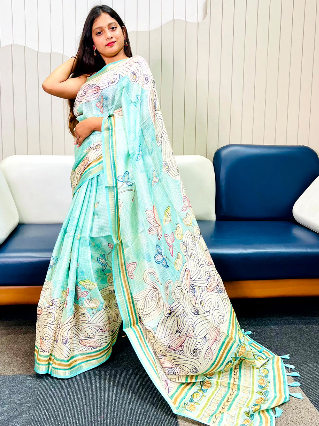 Turquoise Kota Doriya Silk Saree With Floral Kalamkari Print