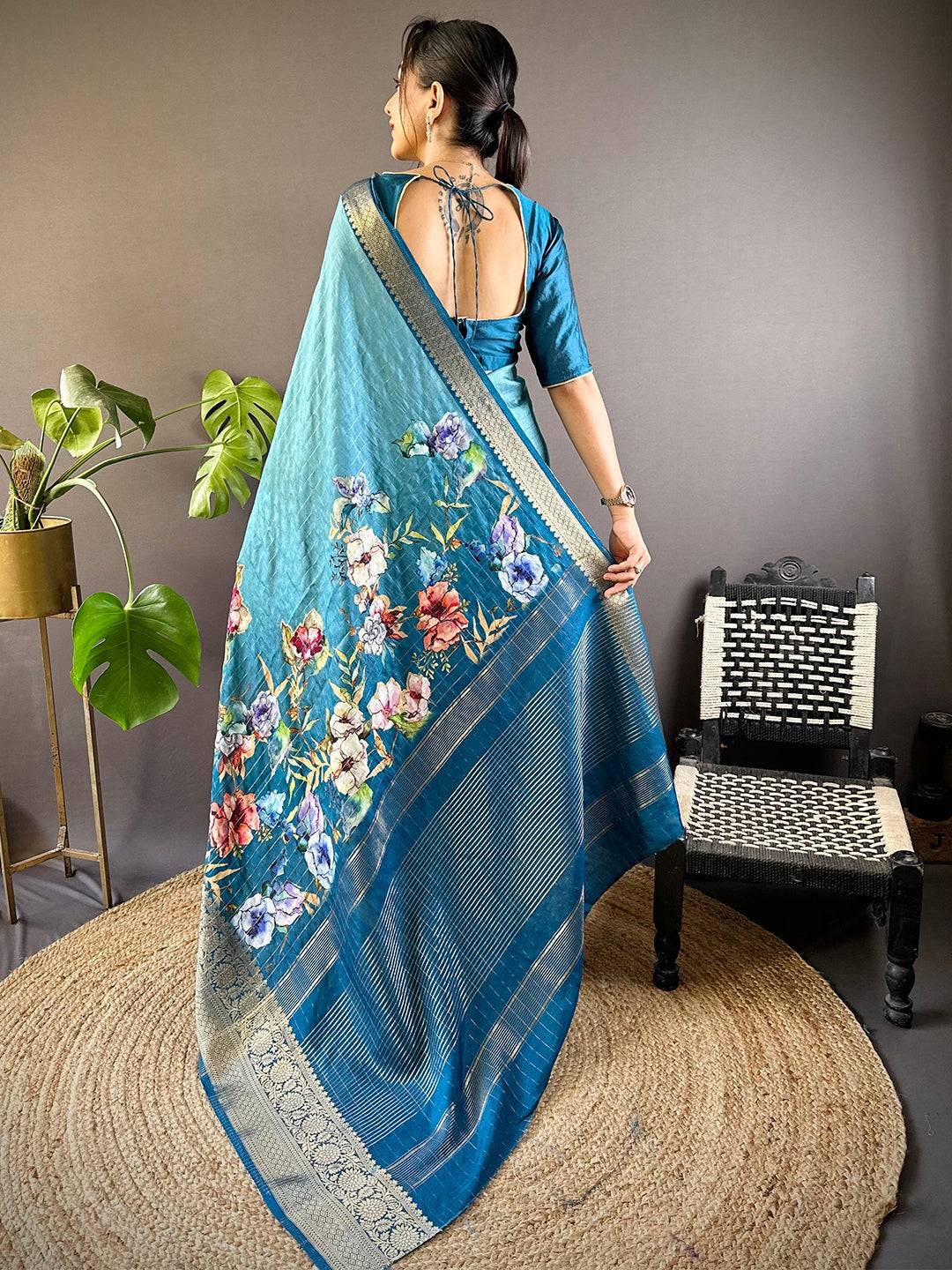 Blue Floral Zari Chex Saree