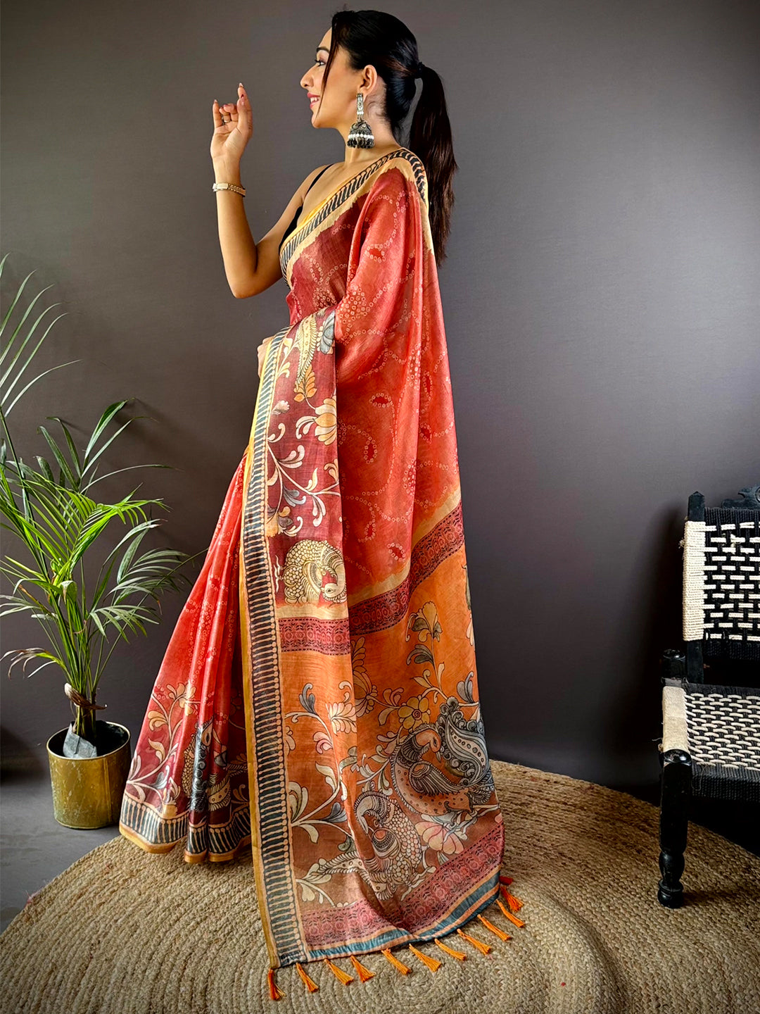 Rose Red Floral Chanderi Saree