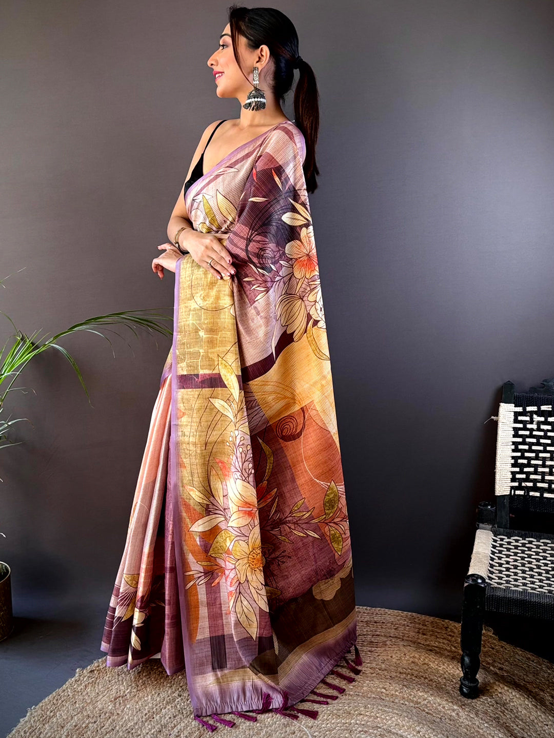 Side view of Wine Semi Zari Tussar Saree with floral motifs