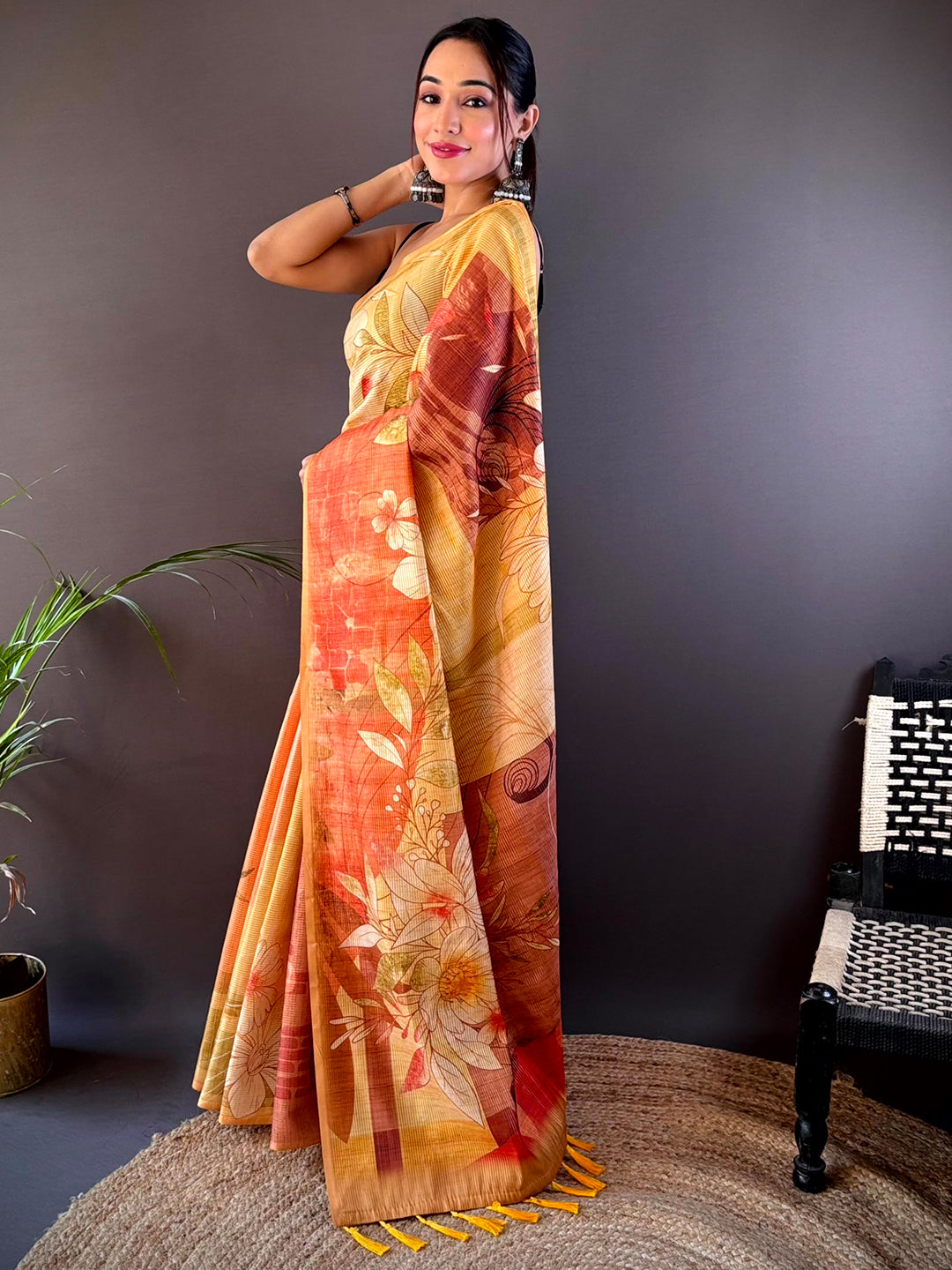 Side view of Golden Yellow Semi Zari Tussar Floral Saree