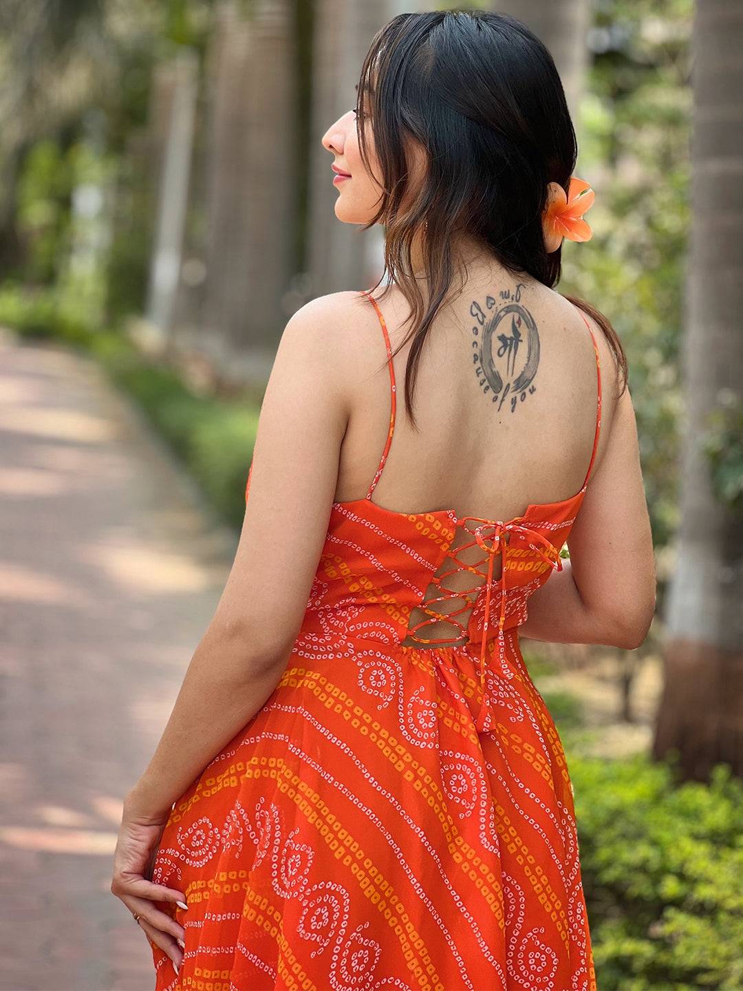 Back view of Portland Orange Bandhej Print Dress with lace-up