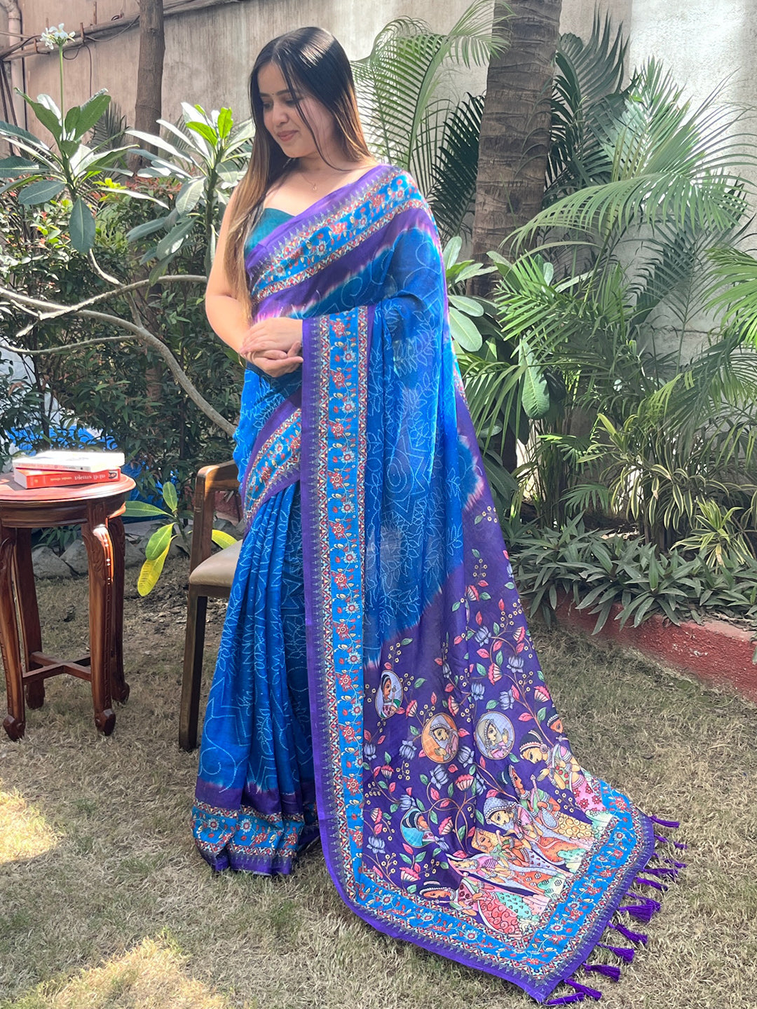 Traditional Royal Blue Saree with Bandhej and Kalamkari