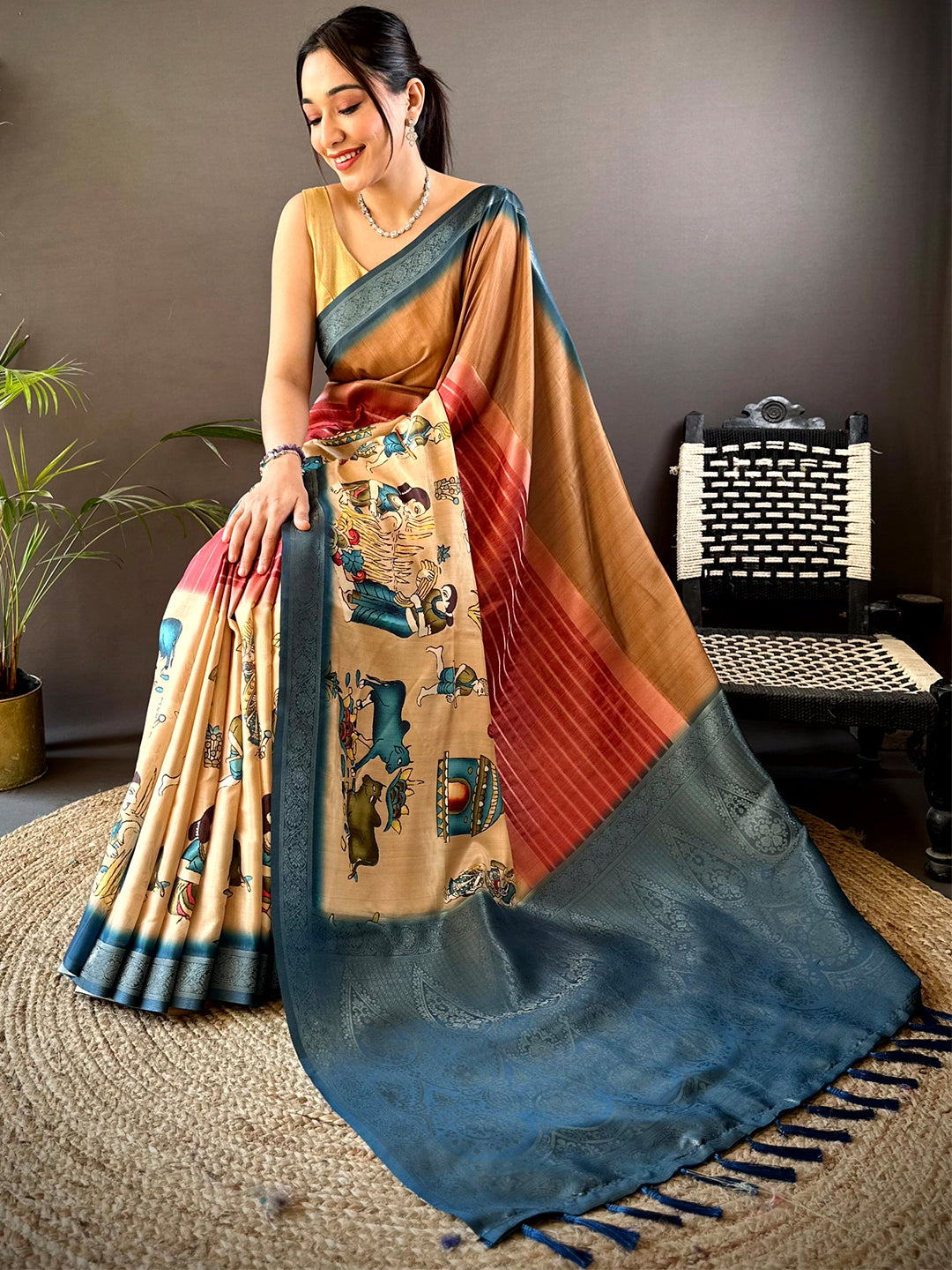 Coffee Brown Kalamkari Ombre Soft Silk Saree