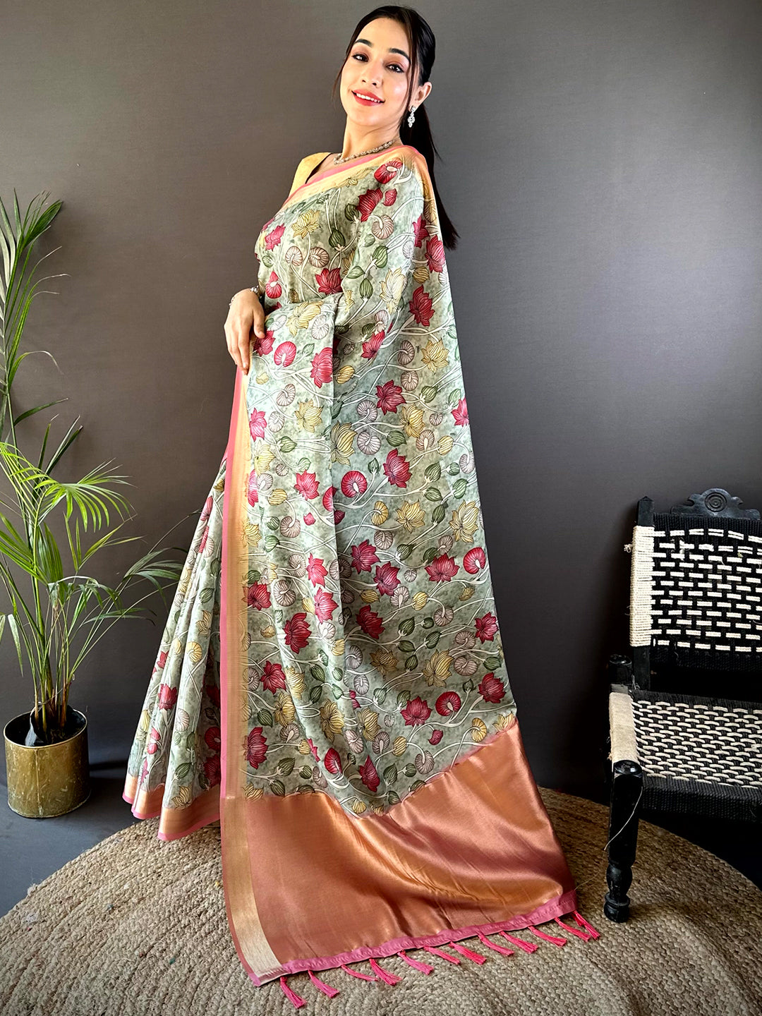 Mint Green Soft Silk Tissue Floral Print Saree