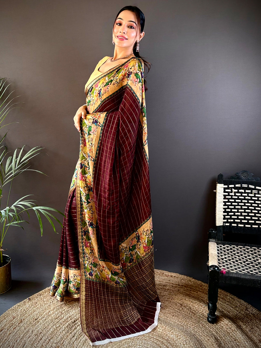 Brown Chinnon Chiffon Kalamkari Saree