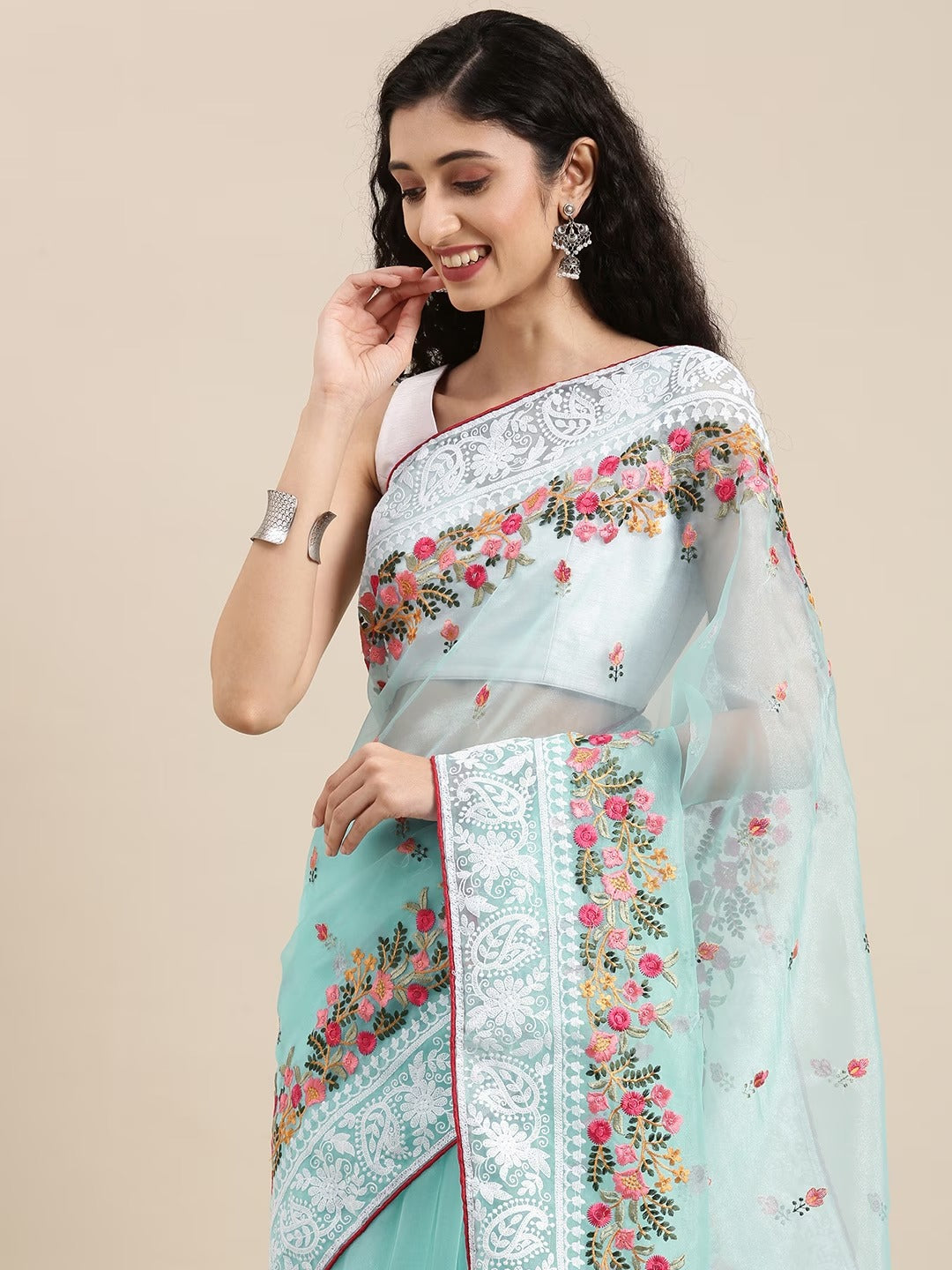 Sky Blue Colour Embroidered Organza Saree