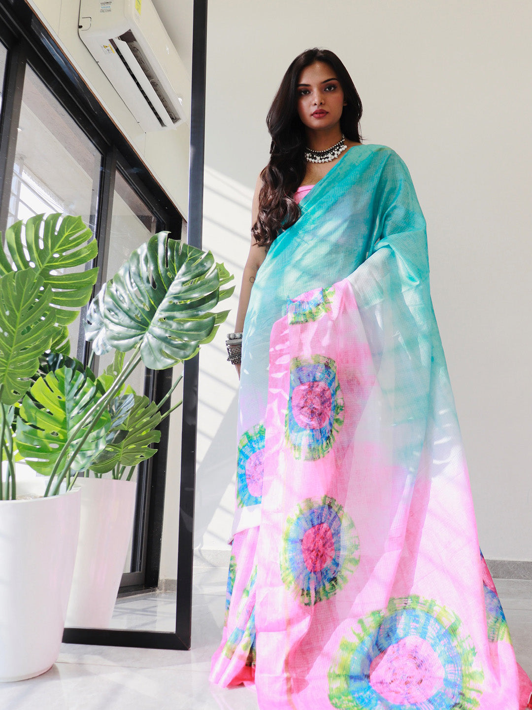 Designer party wear saree in pink tie dye satin fabric