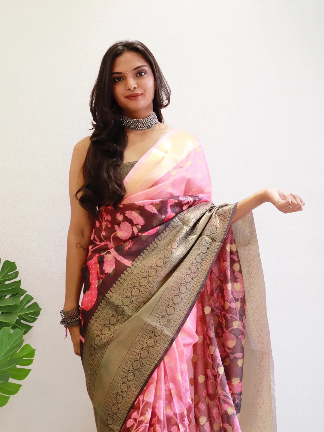 Model wearing Kalamkari Printed Kota Doriya Saree