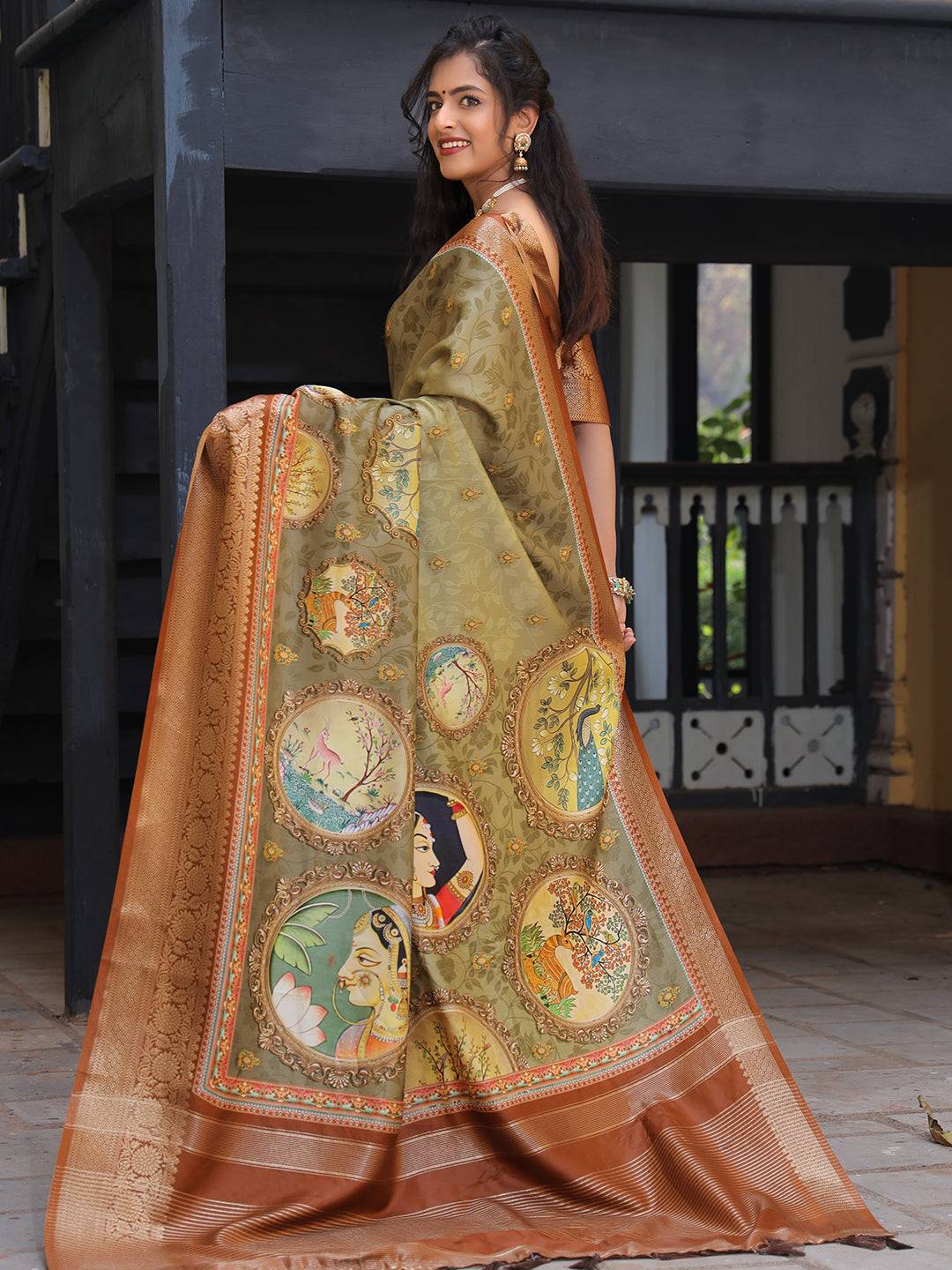  Olive Viscose Dola Silk Saree With Zari Weaving Pallu