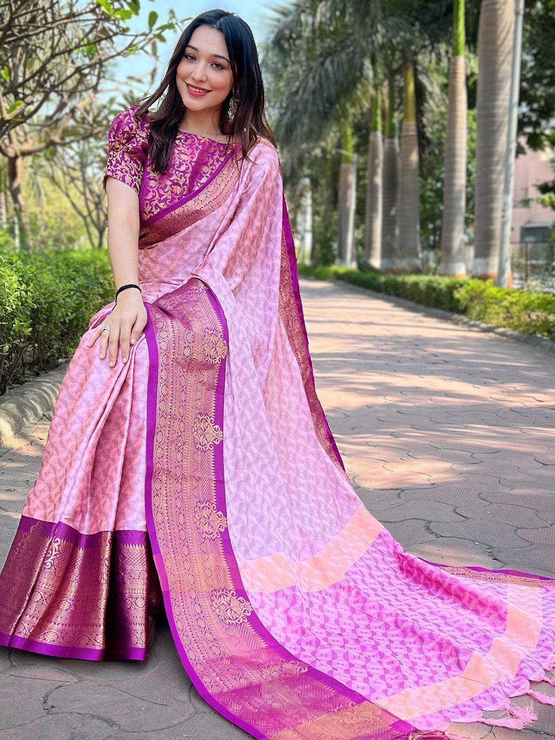 Model in stunning Kanjivaram silk saree with zari details