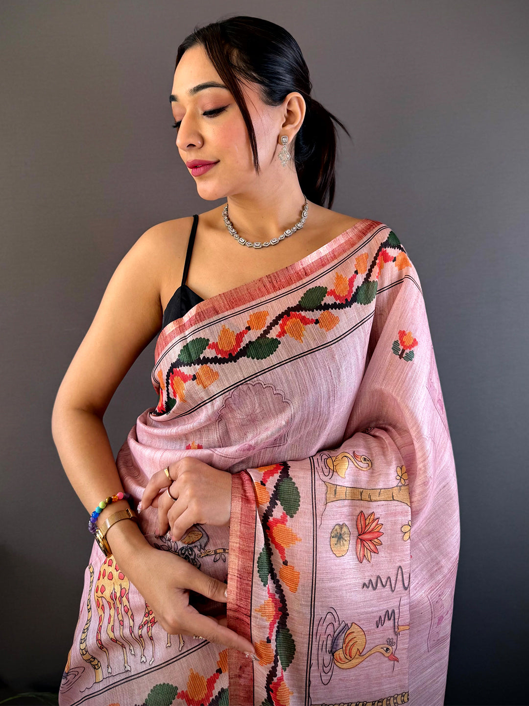 Blush Pink Jungle Floral Zari Tissue Saree