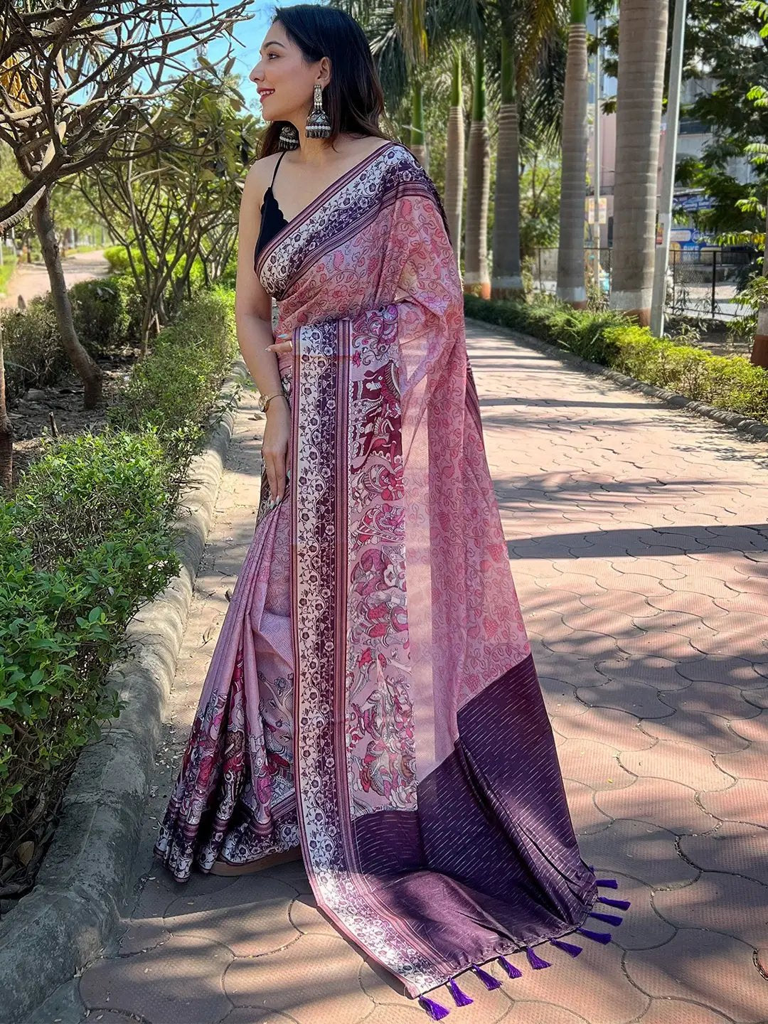 Stylish Satin Kota Doria Saree With Kalamkari Print