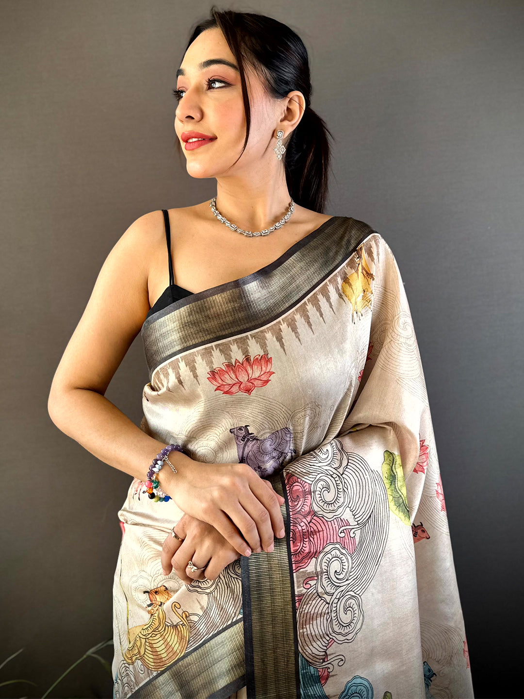 Beige Soft Silk Tissue Floral Print Saree