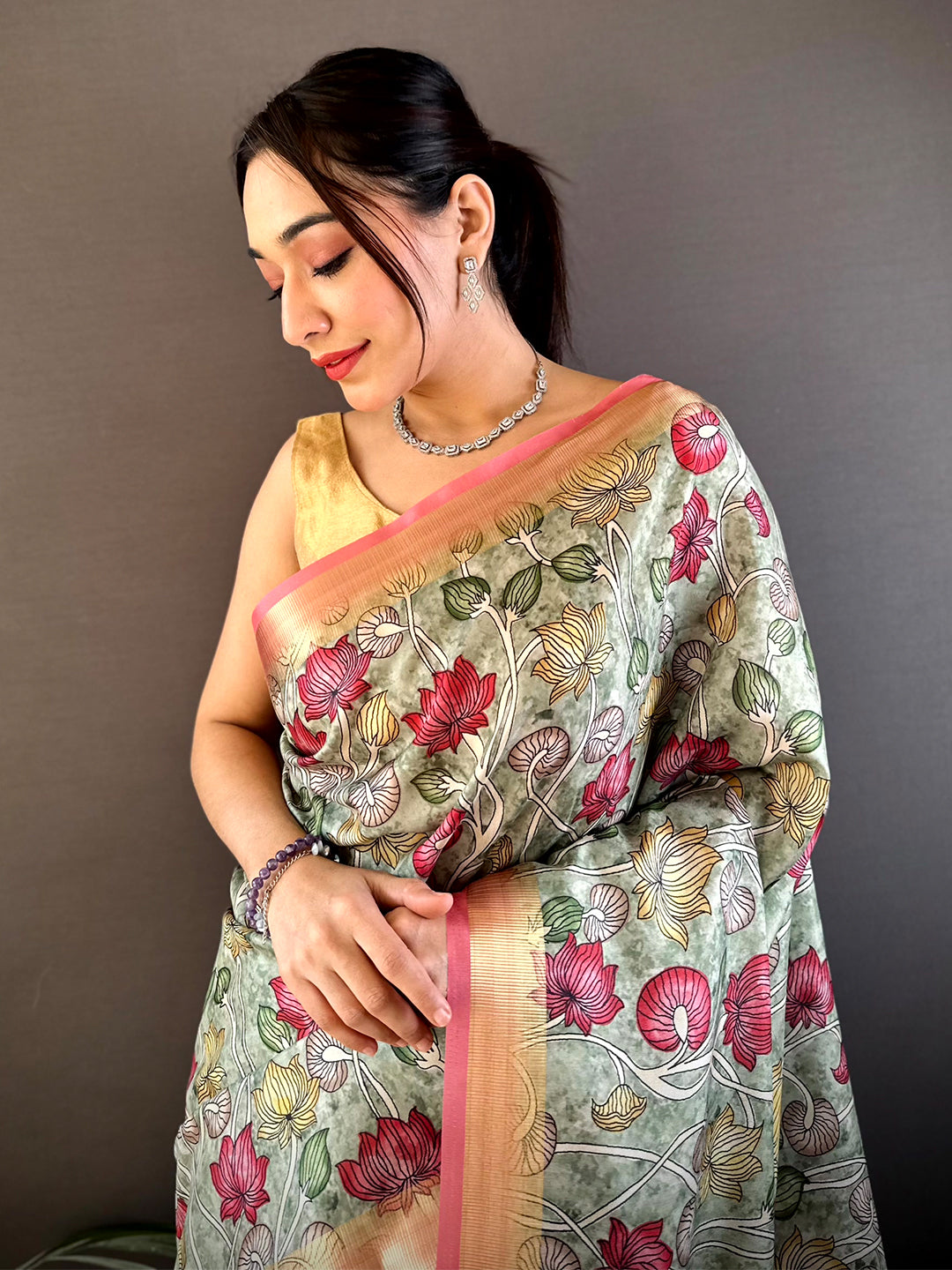 Mint Green Soft Silk Tissue Floral Print Saree