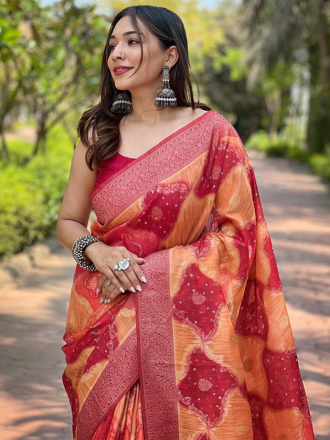 Orange Digital Block Placement Print Saree