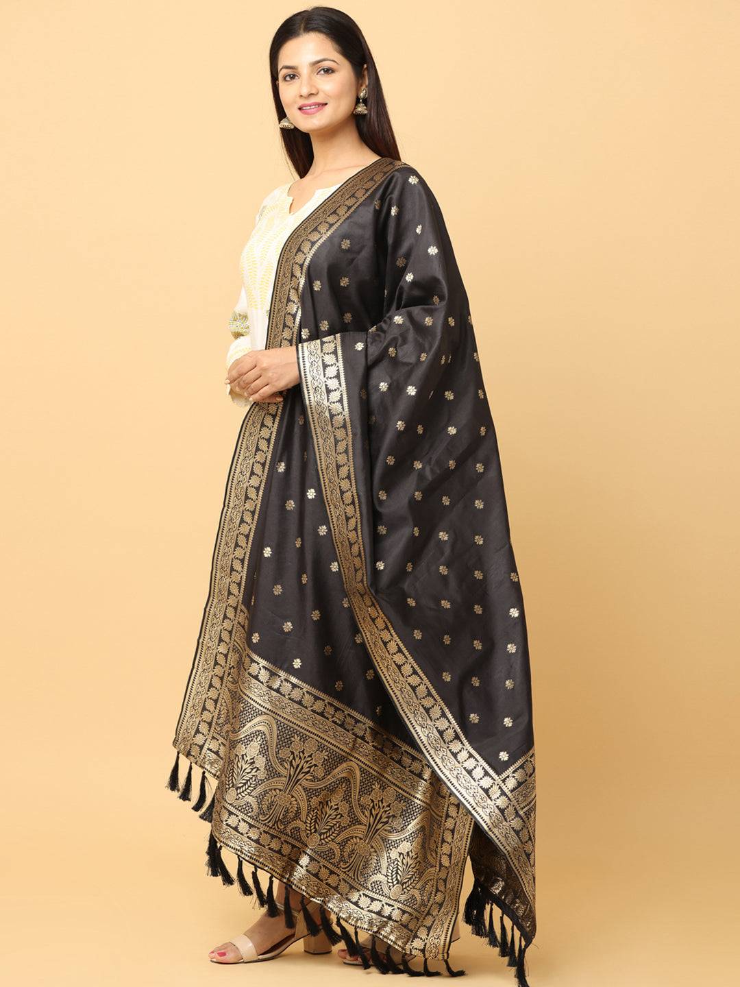 Woven Design Silk Blend Black Colour Dupatta