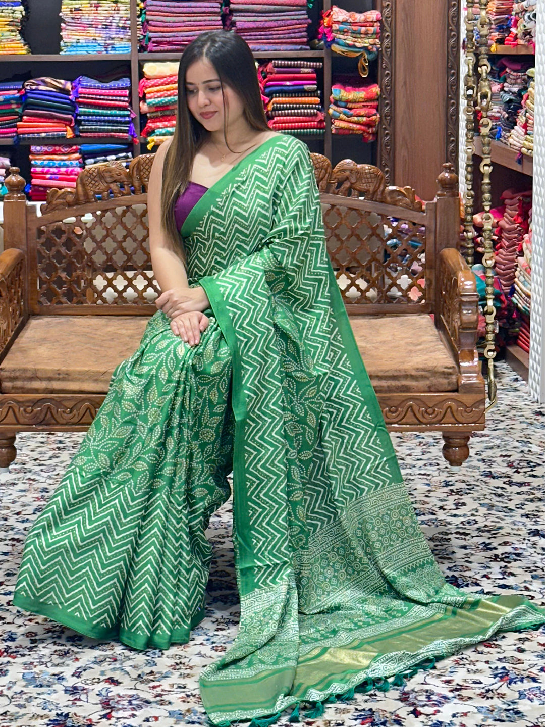 Green Manipuri silk saree showcasing foil print design