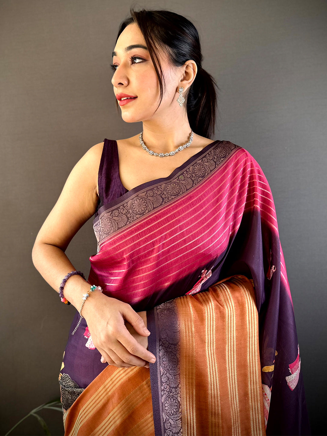 Dark Pink Soft Crep Silk Ombre Print Saree