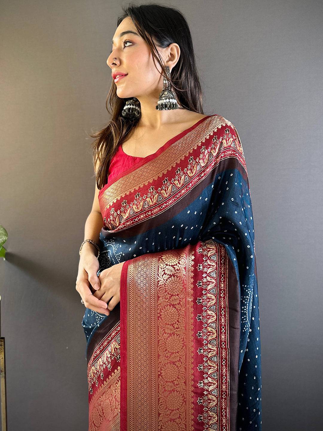 Blue Graceful Bandhej Silk Saree