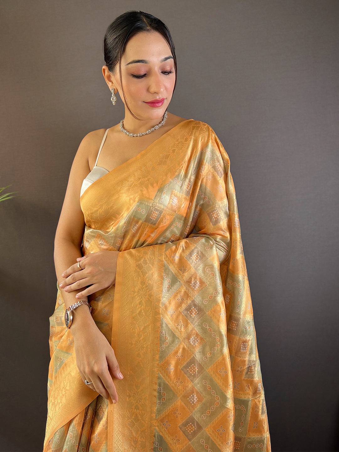 Honey Yellow Banarasi Saree with block print design