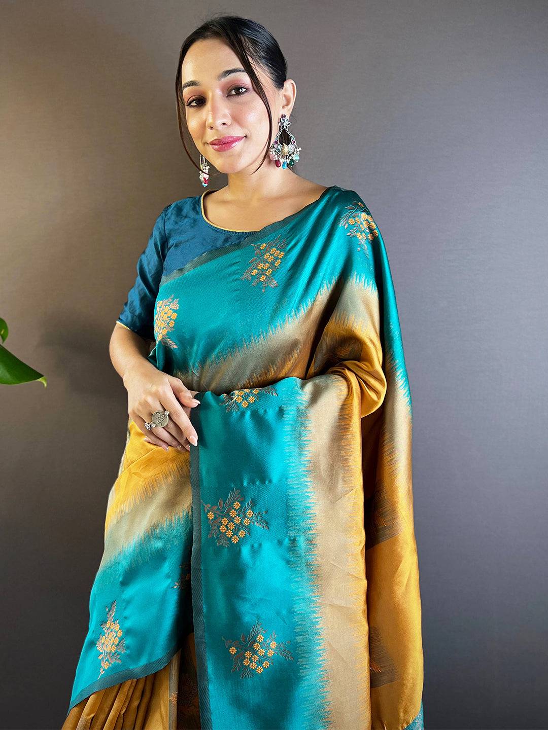 Mustard Sami Banarasi Tussar Silk Saree draped elegantly.