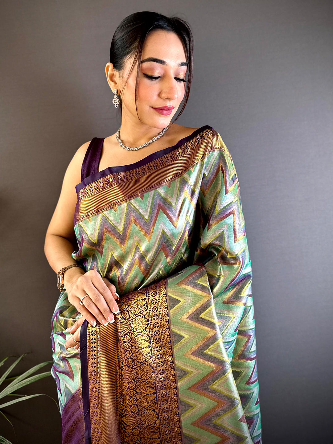 Majestic Brown Zigzag Dharmavaram Silk Saree