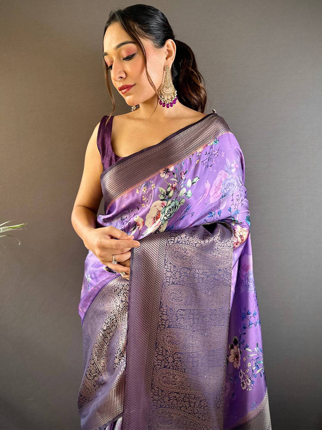 Lilac Purple Satin Silk Floral Print Saree